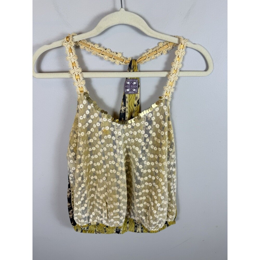 Free People Embroidered Lace & Sequin Racer Back Tank Top Size Small